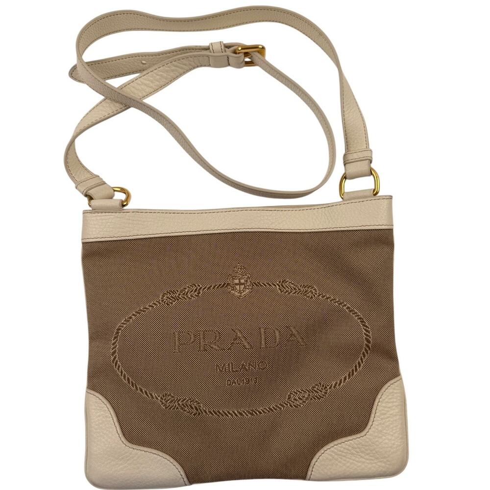 PRADA Canapa Leather Jacquard Crossbody Bag Beige White